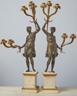 Lot 186 - Pair of Louis XVI Gilt and Patinated Bronze Figural Five-Light Candelabra