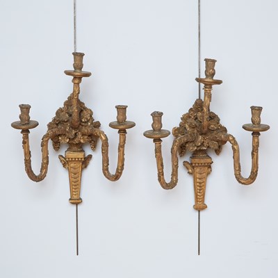 Lot 110 - Pair of Italian Neoclassical Giltwood Three-Light Wall Sconces