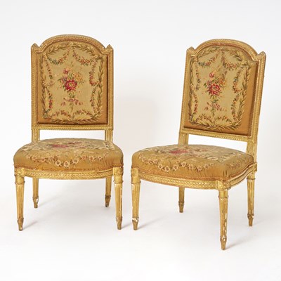 Lot 296 - Pair of Louis XVI Aubusson Upholstered Giltwood Chaises a la Reine