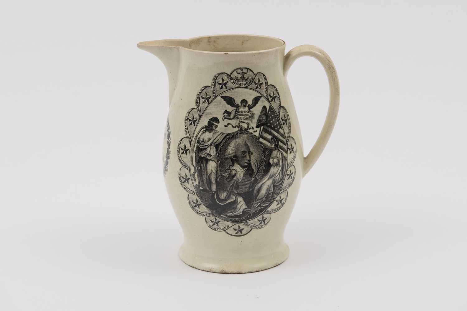 Lot 1076 - Transfer-decorated Creamware "Success to America" Liverpool Pitcher