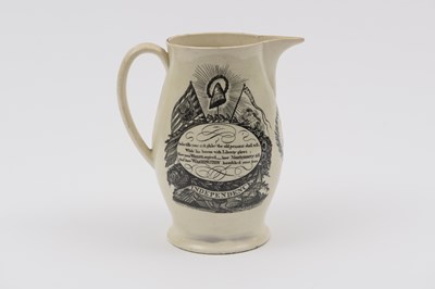 Lot 1076 - Transfer-decorated Creamware "Success to America" Liverpool Pitcher