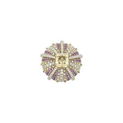 Lot 37 - Lorenz Bäumer Paris White Gold, Colored Diamond, Diamond and Pink Sapphire 'Sea Urchin' Ring