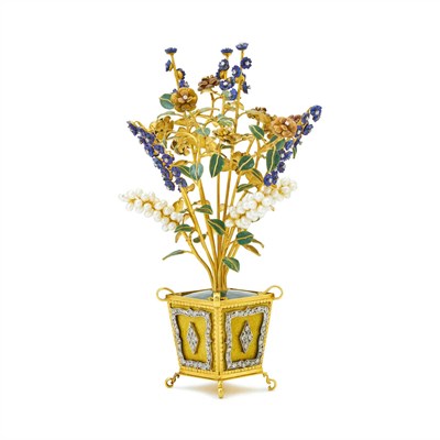 Lot 1221 - Gold, Silver, Carved Lapis, Freshwater Pearl, Diamond and Enamel Flower Planter Objet