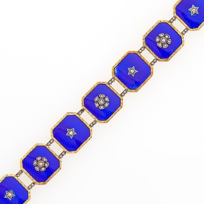 Lot 1201 - Antique Gold, Silver, Blue Guilloché Enamel and Diamond Link Bracelet, France