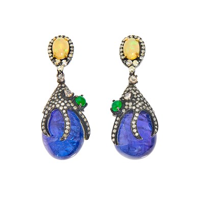Lot 1270 - Pair of Blackened Silver, Tanzanite, Gem-Set and Diamond Pendant-Earrings