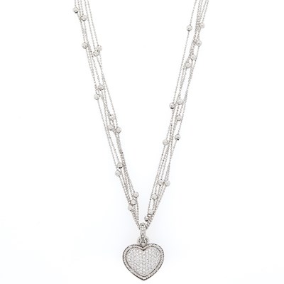 Lot 1176 - White Gold and Diamond Heart Enhancer with Five Strand White Gold Bead Chain Necklace