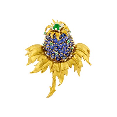 Lot 155 - Tiffany & Co., Schlumberger Gold, Sapphire and Emerald Pineapple Clip-Brooch