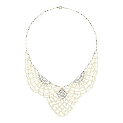 Lot 41 - Platinum, Seed Pearl and Diamond Bib Necklace