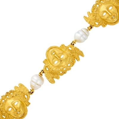 Lot 74 - Tony Duquette Gold and Baroque Cultured Pearl Mask Link Bracelet