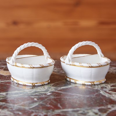 Lot 524 - PAIR OF VINCENNES OR SEVRES PORCELAIN GILT-WHITE BASKET-FORM DOUBLE-SALTS