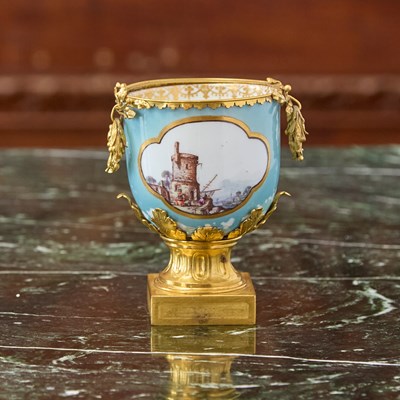 Lot 413 - GILT-BRONZE MOUNTED MEISSEN PORCELAIN PALE-BLUE GROUND CUP