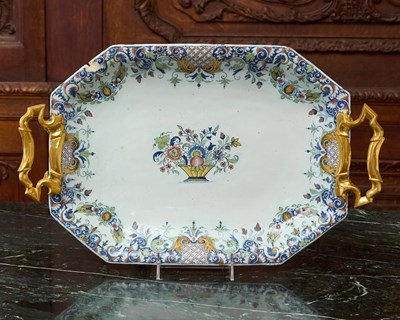 Lot 519 - GILT-BRONZE MOUNTED ROUEN FAIENCE OCTAGONAL PLATTER