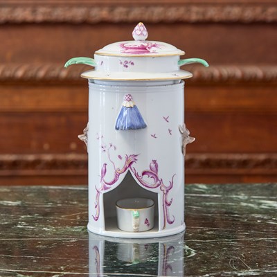 Lot 416 - GERMAN PORCELAIN NIGHT-LIGHT FOOD-WARMER (VEILLEUSE), COVER, LINER AND CUP-FORM PAN