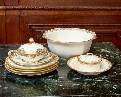 Lot 529 - ASSEMBLED GROUP OF SEVRES PORCELAIN GILT-WHITE ‘FRISE D’OR’ TABLE WARES