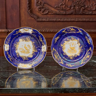 Lot 459 - TWO TOURNAI PORCELAIN MAZARINE BLUE (BLEU LAPIS) GROUND PLATES