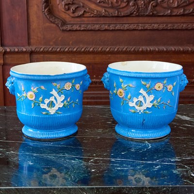 Lot 310 - Pair of Saint Cloud (Later Decorated) Turquoise-Blue Ground bottle Coolers (Seaux a Bouteilles)