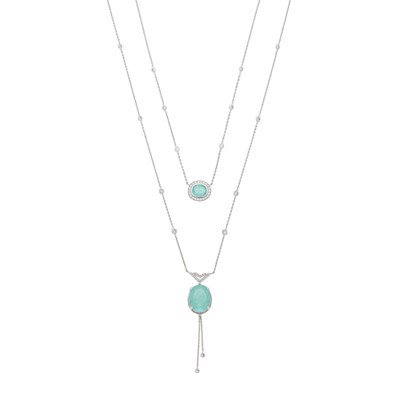 Lot 1056 - Double Strand White Gold, Paraíba-Type Tourmaline and Diamond Swag Fringe Chain Necklace