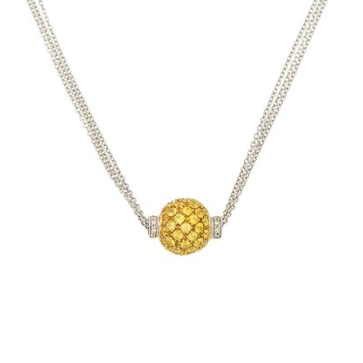 Lot 1081 - Triple Strand Two-Color Gold, Yellow Sapphire and Diamond Ball Pendant-Necklace