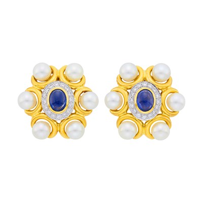 Lot 126 - Pair of Two-Color Gold, Cabochon Sapphire, Cultured Pearl and Diamond Earrings
