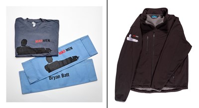 Lot 628 - Two printed director chair backs printed for Bryan Batt and a Mad Men jacket