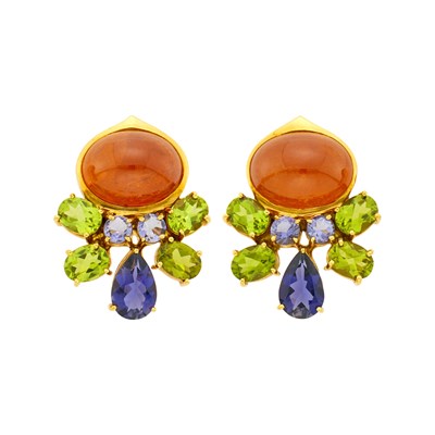 Lot 96 - Pair of Gold, Cabochon Orange Garnet, Tanzanite and Peridot Earclips