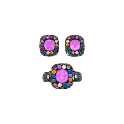 Lot 76 - Blackened Gold, Pink Sapphire, Colored Stone and Diamond Ring and Pair of Earclips