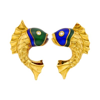 Lot 9 - Judith Leiber Pair of Gold, Enamel and Diamond Fish Earclips