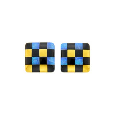 Lot 1154 - Tiffany & Co. Pair of Gold, Black Jade and Opal 'Checkerboard' Earclips