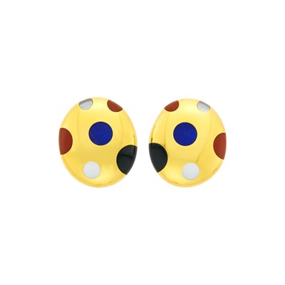 Lot 166 - Tiffany & Co. Pair of Gold, Mother-of-Pearl and Hardstone 'Polka Dot' Earcrings