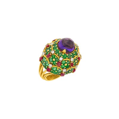 Lot 95 - Marchak Paris Gold, Platinum, Cabochon Amethyst, Emerald, Ruby and Diamond Dome Ring