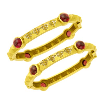 Lot 159 - Barry Kieselstein-Cord Pair of Gold, Cabochon Rubellite and Diamond Bangle Bracelets