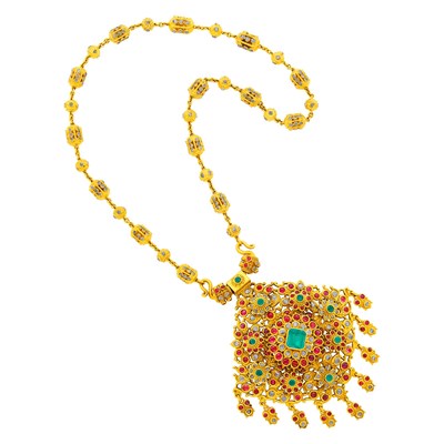 Lot 110 - High Karat Gold, Emerald, Cabochon Ruby and Diamond Pendant-Brooch Necklace
