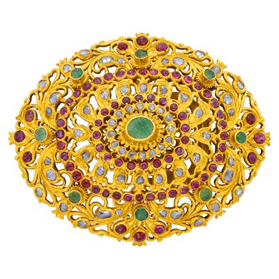 Lot 111 - High Karat Gold, Emerald, Ruby and Diamond Belt Buckle