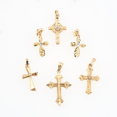 Lot 213 - Three Diamond Pendants, Gold Pendant and Two Earrings, 14K 2 dwt.