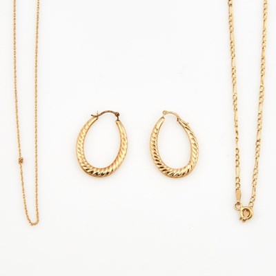Lot 219 - Two Gold Neck Chains and Two Earrings, 10K 2 dwt., damaged