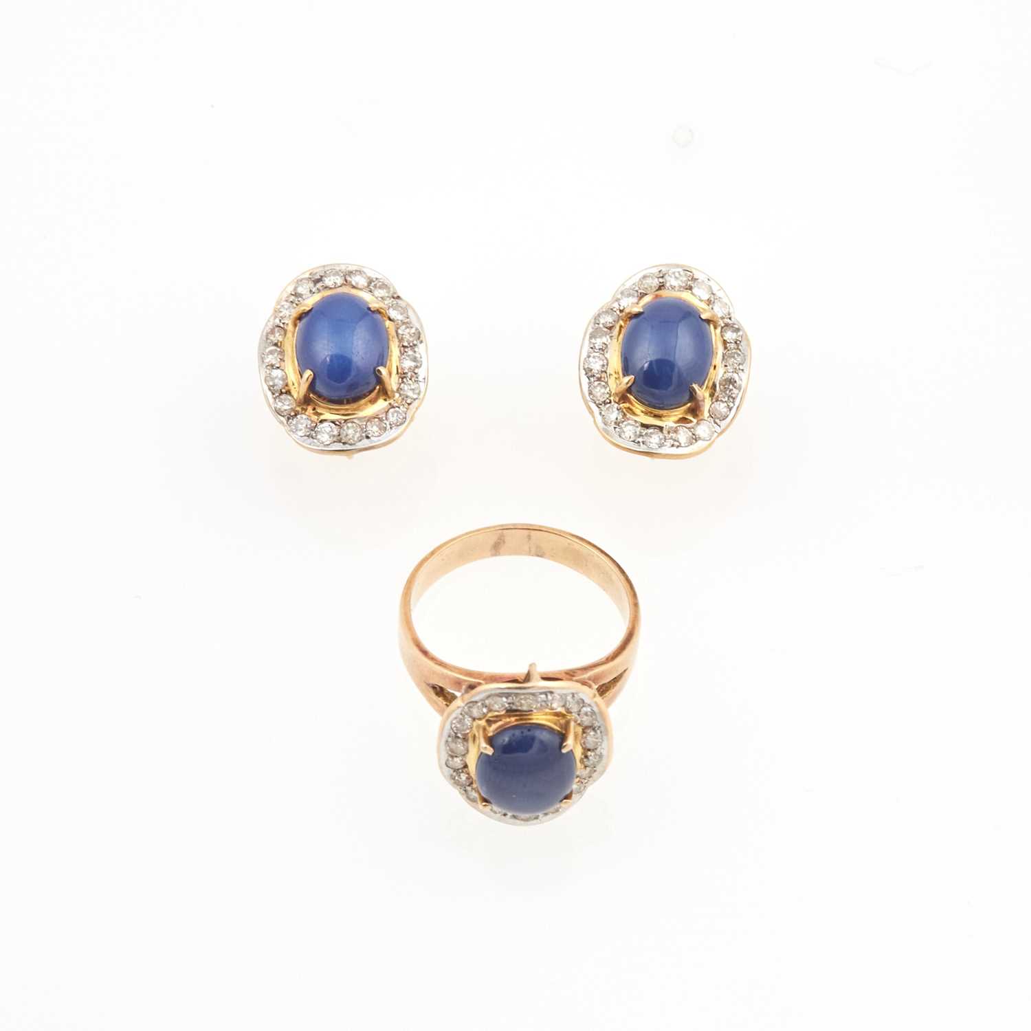 Lot 227 - Diamond and Stone Ring and Two Earrings, 54 diamonds about 1.10 cts., 18K 6 dwt. all