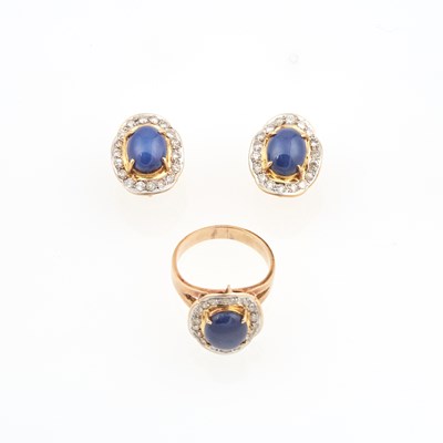 Lot 227 - Diamond and Stone Ring and Two Earrings, 54 diamonds about 1.10 cts., 18K 6 dwt. all