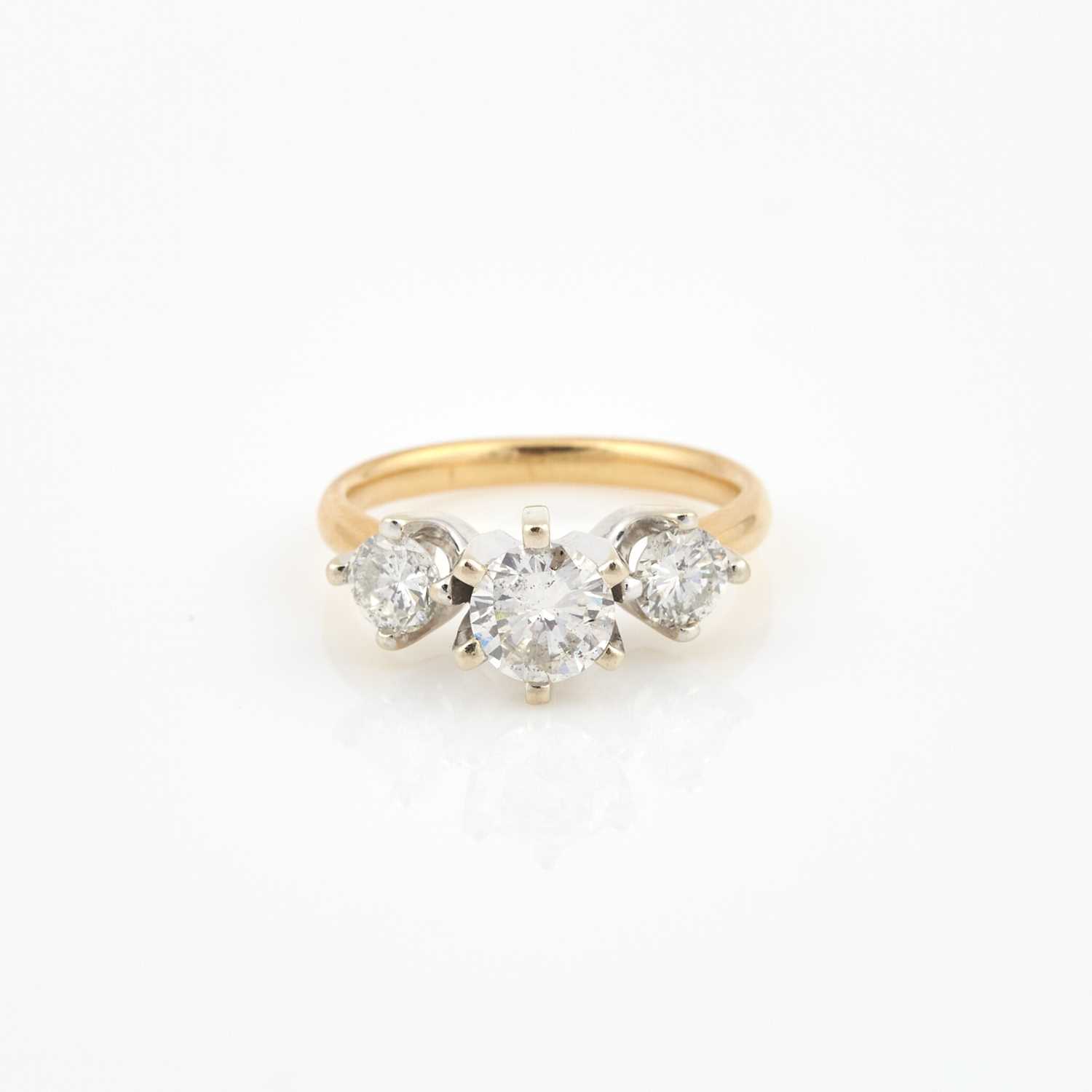 Lot 235 - Diamond Engagement Ring, 3 diamonds, 1 stone about 0.85 ct., 2 stones about 0.70 ct., 14K 3 dwt.