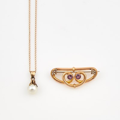 Lot 254 - Gold, Stone, Bead and Metal Pin, Pendant and Neck Chain 14K, 10K and Metal 3 dwt. all, damaged