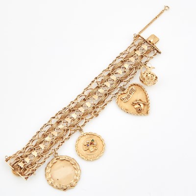 Lot 320 - Gold Charm Bracelet with 4 gold, bead and stone charms attached, 14K 43 dwt. all, damaged