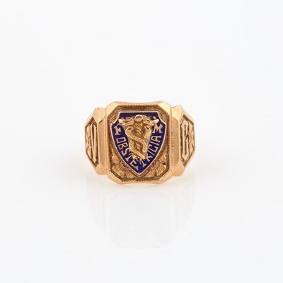 Lot 488 - Gold and Enamel School Ring, 18K 5 dwt. all