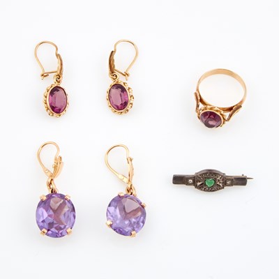 Lot 490 - Four Gold and Stone Earrings and Ring, 18K 10 dwt. all and Metal Pin
