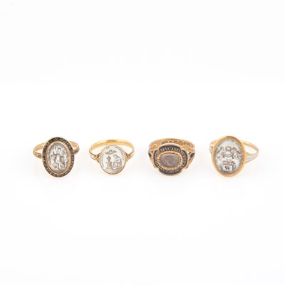 Lot 607 - Four Gold, Glass and Enamel Rings, 18K 11 dwt. all, damaged