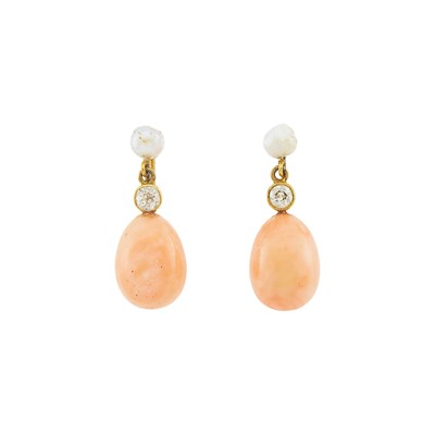Lot 1001 - Pair of Gold, Silver-Gilt, Angel Skin Coral, Diamond and Pearl Pendant-Earclips