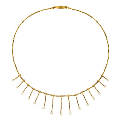 Lot 1005 - Etruscan Revival Gold and Pearl Fringe Necklace