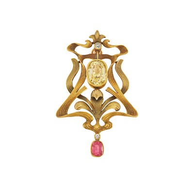 Lot 1004 - Art Nouveau Gold, Yellow Sapphire, Pink Sapphire and Diamond Pendant-Brooch