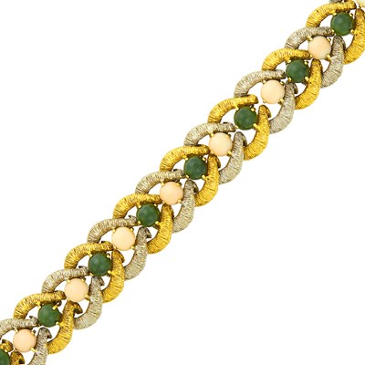 Lot 38 - Two-Color Gold, Angel Skin Coral and Nephrite Bracelet