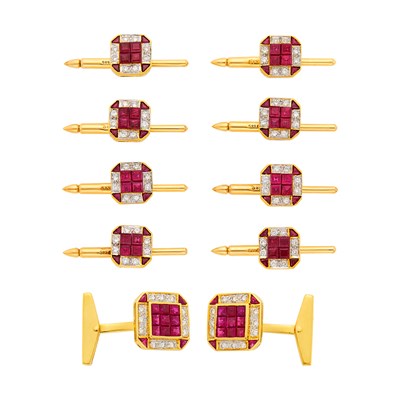 Lot 52 - Gold, Invisibly-Set Ruby and Diamond Dress Set