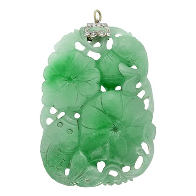 Lot 77 - Platinum, Carved Jade and Diamond Pendant