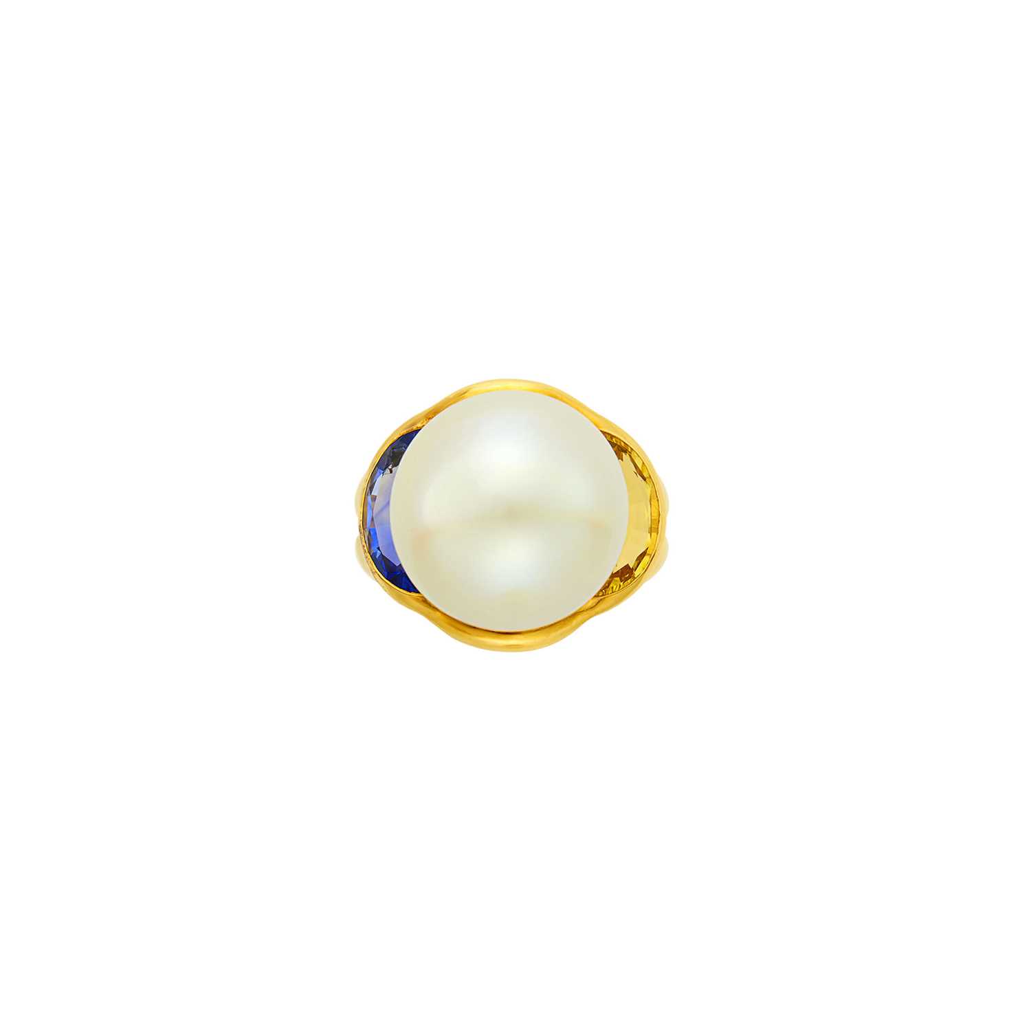 Lot 10 - Gold, South Sea Cultured Button Pearl and Gem-Set Ring, France